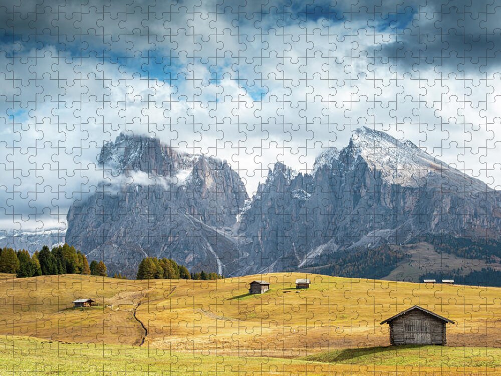 Mountain Landscape Jigsaw Puzzle featuring the photograph Meadow field and the Dolomiti rocky peaks Alpe di siusi Seiser Alm Italy by Michalakis Ppalis