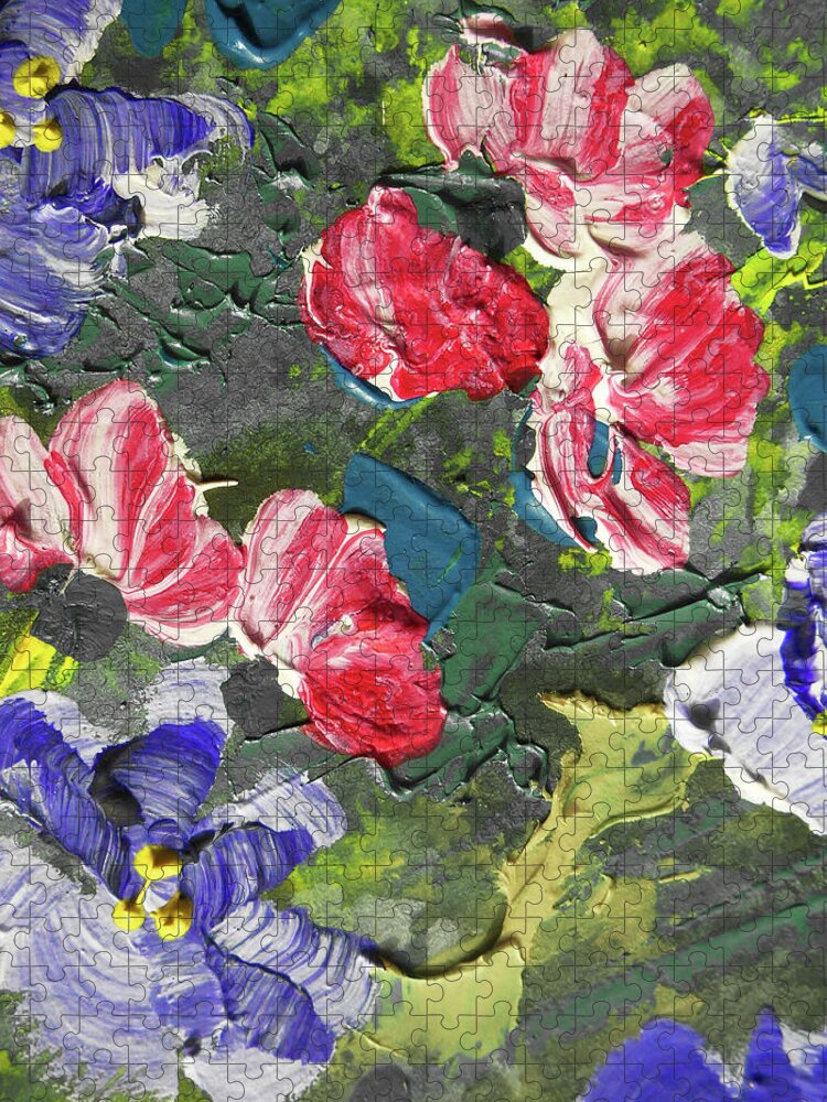 Abstract Flowers Jigsaw Puzzle featuring the painting Meadow With Pink Purple And Yellow Flowers Contemporary Decorative Art I by Irina Sztukowski