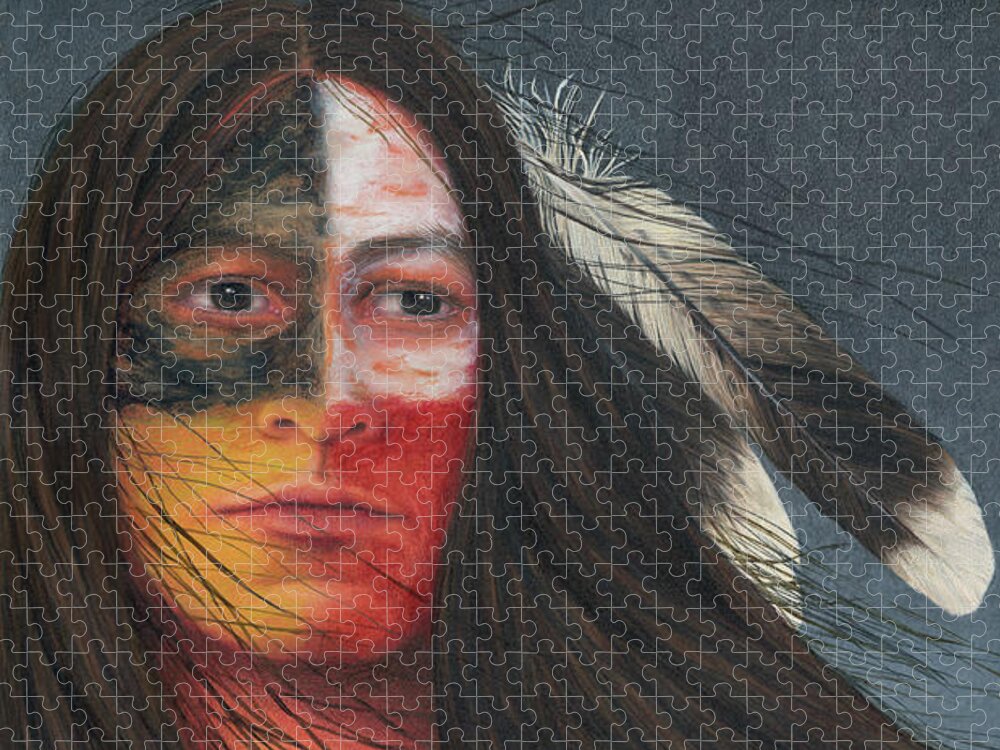 Native American; American Indian; Eagle Feathers; Medicine Wheel; Long Flowing Hair Jigsaw Puzzle featuring the painting Medicine Man by Valerie Evans