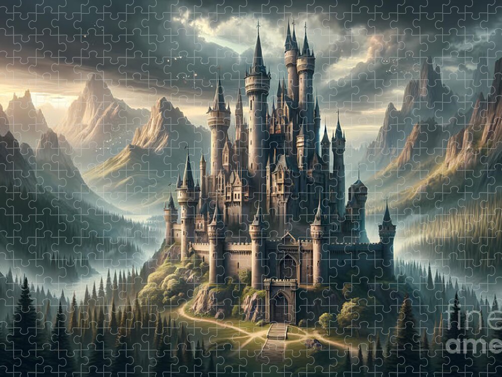 Castle Jigsaw Puzzle featuring the digital art Medieval Castle Fantasy, A grand castle surrounded by a mystical forest and mountains by Jeff Creation
