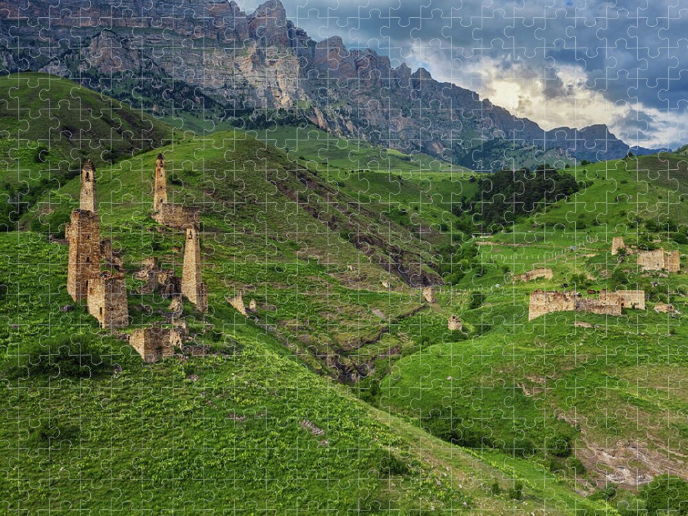 Tower Jigsaw Puzzle featuring the photograph Medieval tower complex in mountains by Mikhail Kokhanchikov