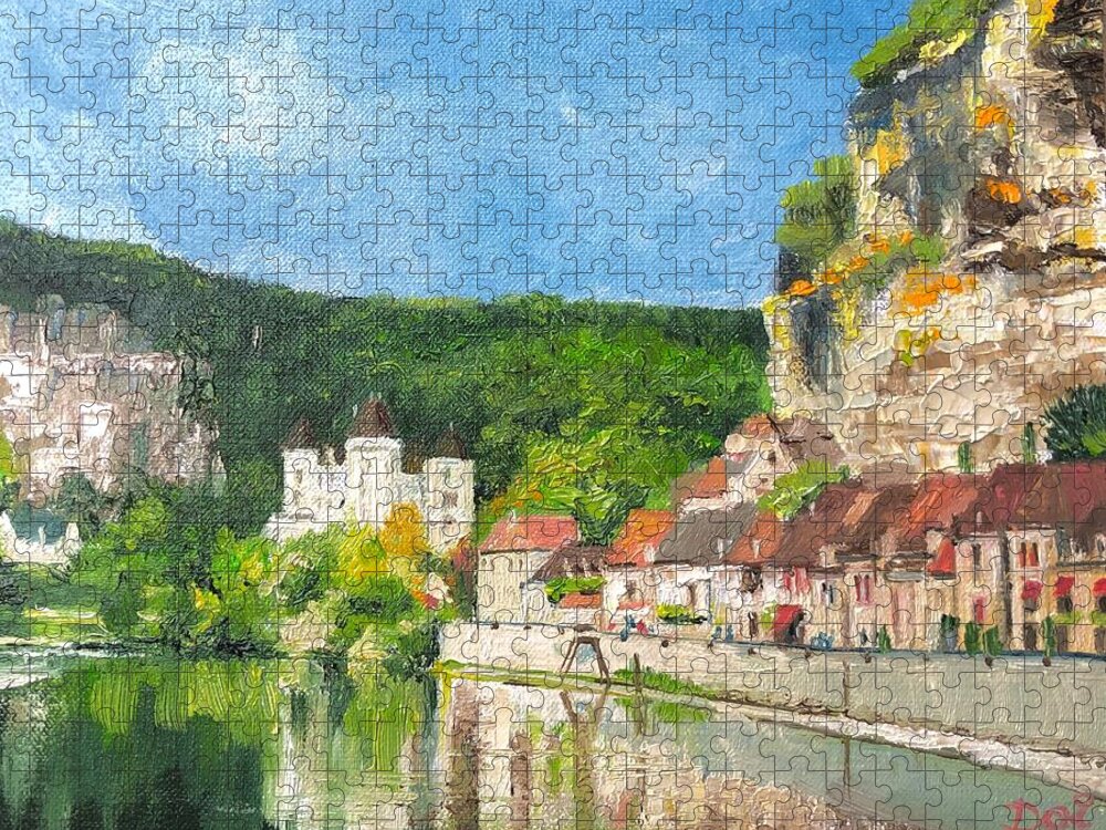 Medieval Jigsaw Puzzle featuring the painting Medieval Village on the Dordogne in France by Dai Wynn