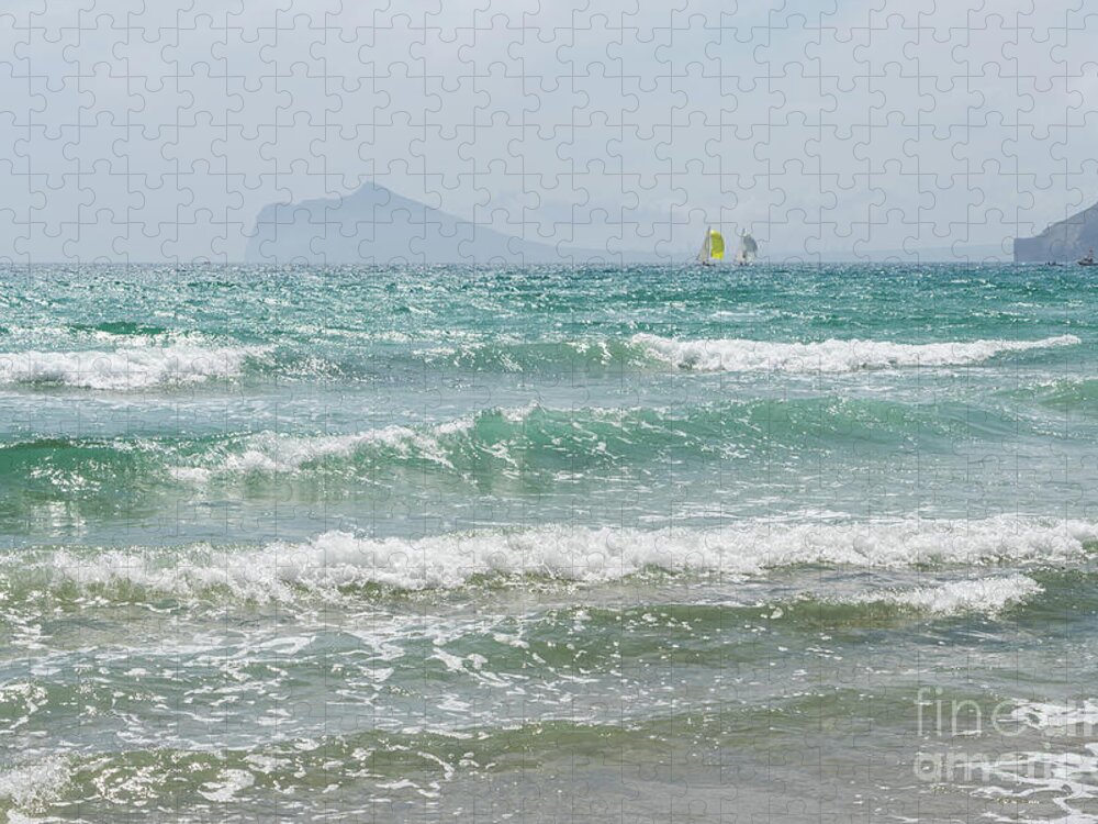 Mediterranean Sea Jigsaw Puzzle featuring the photograph Mediterranean Sea with waves and sailboats by Adriana Mueller