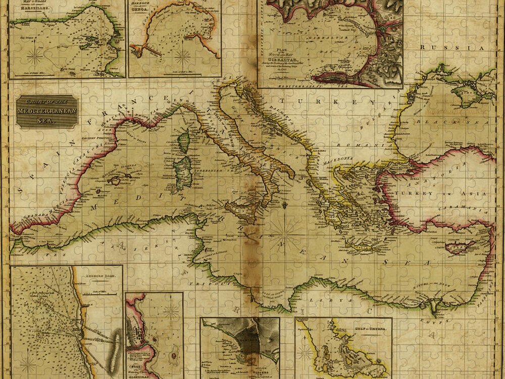 Maps Jigsaw Puzzle featuring the drawing Mediterranean Sea by Vintage Maps