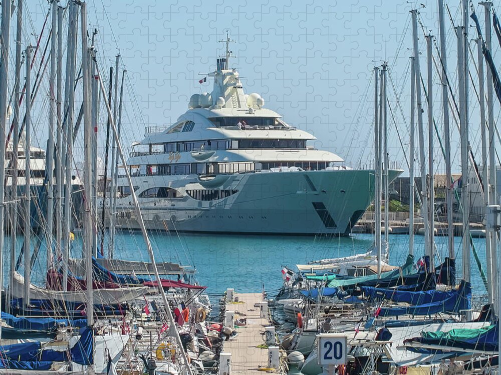 Alpes Mari Jigsaw Puzzle featuring the photograph Mega yacht in Antibes by Jean-Luc Farges