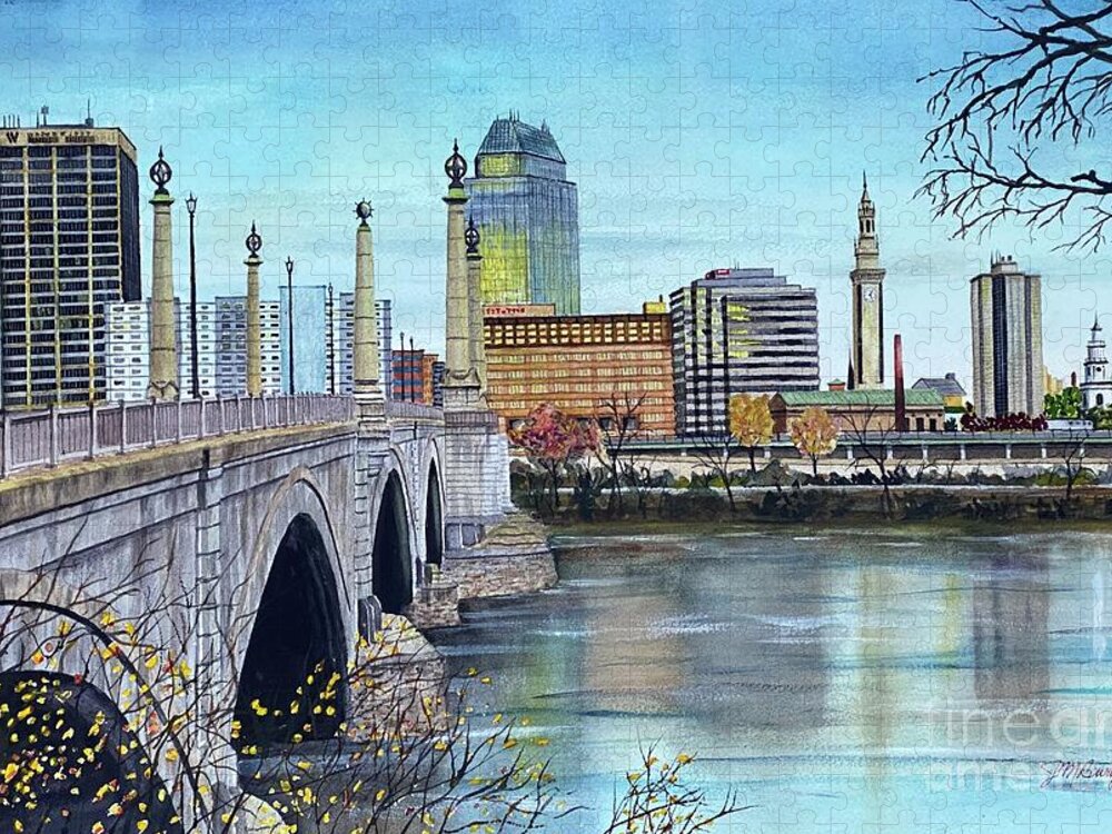 Bridge Jigsaw Puzzle featuring the painting Memorial Bridge to Springfield MA by Joseph Burger
