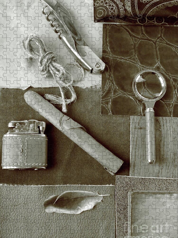 Accessories Jigsaw Puzzle featuring the photograph Men Accessories In Sepia by Severija Kirilovaite