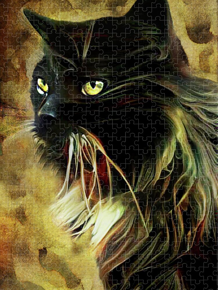Tuxedo Cat Jigsaw Puzzle featuring the mixed media Merlin the Tuxedo Maine Coon Cat by Peggy Collins