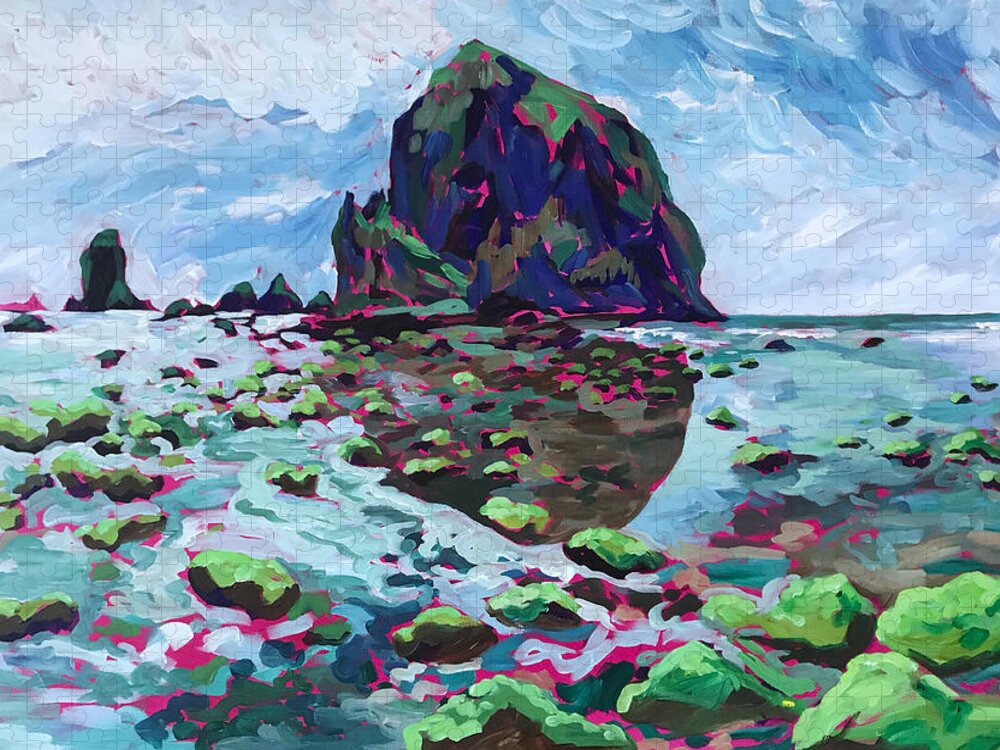 Beach Jigsaw Puzzle featuring the painting Mermaid Tidepools at Haystack Rock by Anisa Asakawa