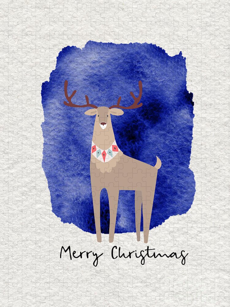Merry Christmas Jigsaw Puzzle featuring the painting Merry Christmas Blue Watercolor Deer by Modern Art