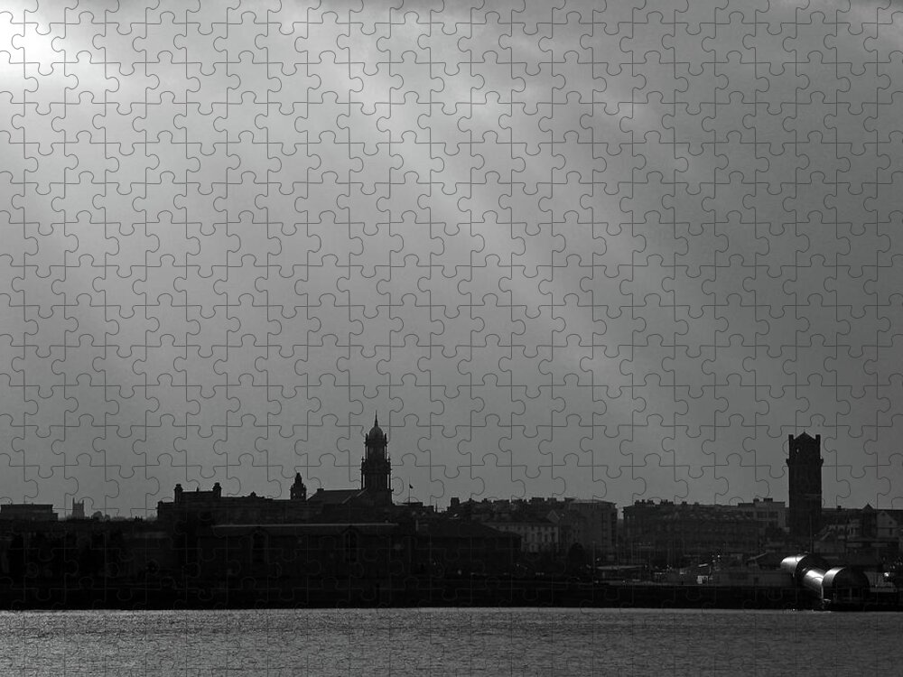 Liverpool; River Mersey; Black And White; Landscape; Cityscape; Skyline; Great Britain; Merseyside; Wirral Birkenhead; Sunbeams; Silhouette; Sky; Clouds; England; Jigsaw Puzzle featuring the photograph Mersey Sunbeams by Lachlan Main