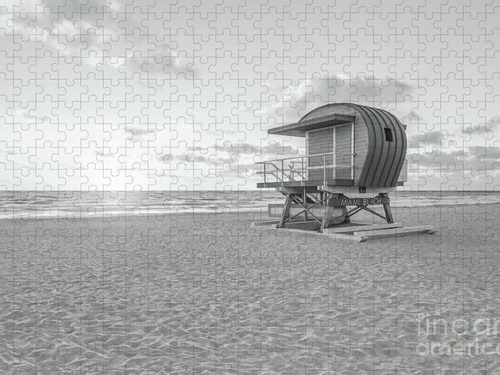 1st Jigsaw Puzzle featuring the photograph Miami Beach 1st Street Lifeguard Tower Black and White Photo by Paul Velgos