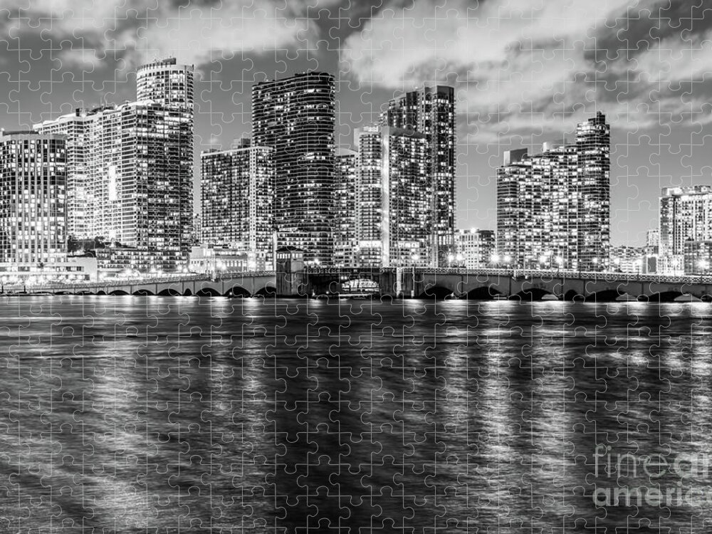 2022 Jigsaw Puzzle featuring the photograph Miami Night Skyline and Venetian Bridge Black and White Picture by Paul Velgos