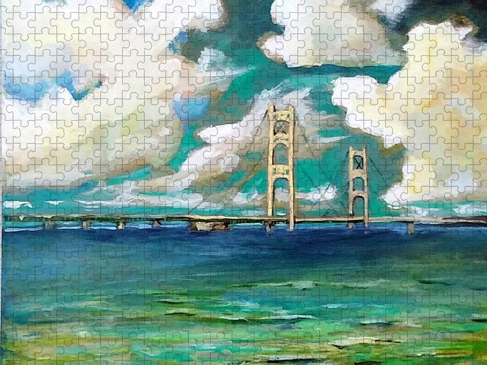 Mackinac Bridge Jigsaw Puzzle featuring the painting The Mackinac Bridge Michigan #2 by Marysue Ryan