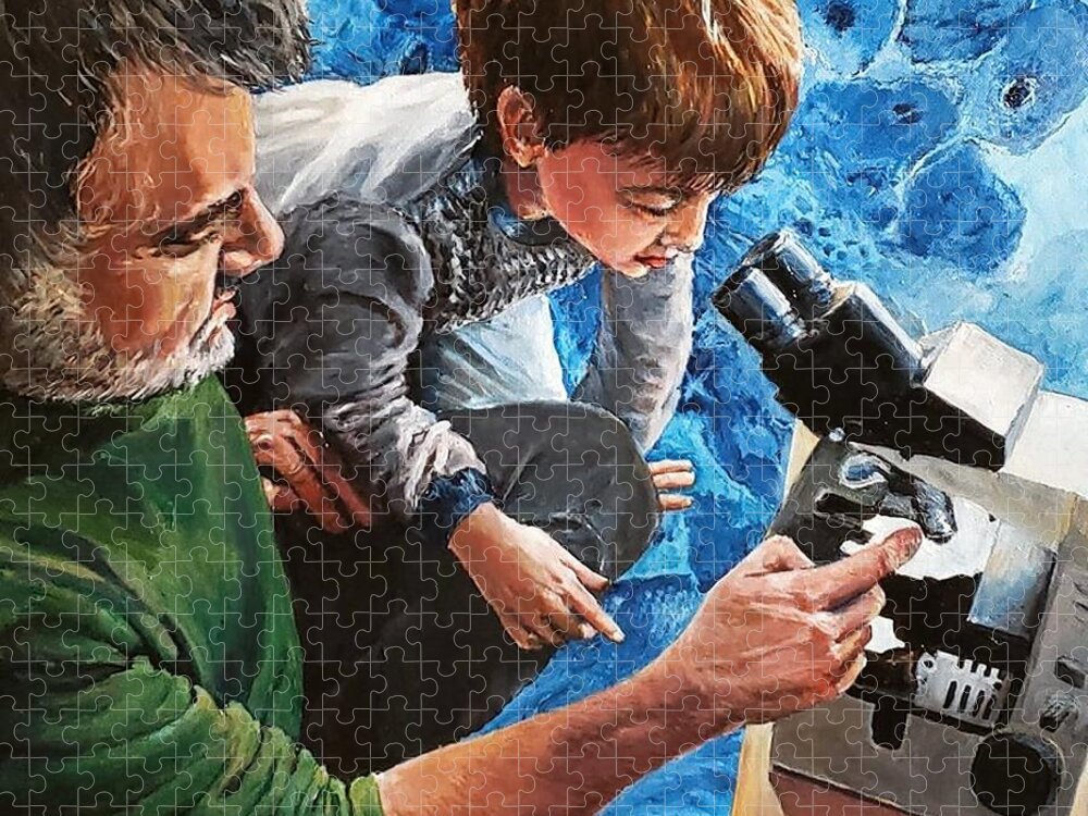 Science Jigsaw Puzzle featuring the painting Microscope Lesson with Professor Baba by Merana Cadorette