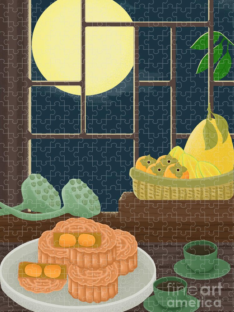 Moon Cakes Jigsaw Puzzle featuring the drawing Mid-Autumn Festival Moon Cake Illustration by Min Fen Zhu