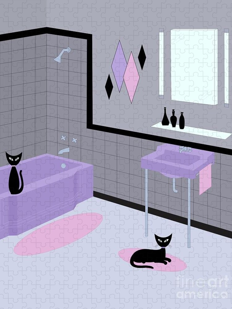 Mid Century Bathroom Jigsaw Puzzle featuring the digital art Mid Century Bathroom Lavender and Pink by Donna Mibus