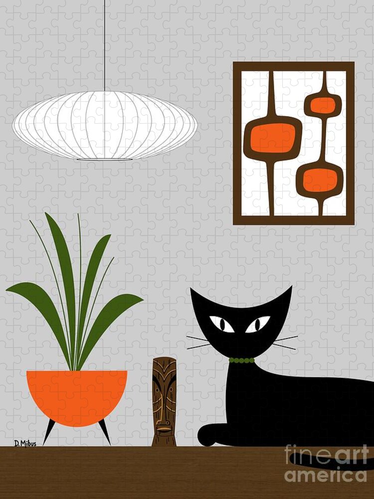 Mid Century Cat Jigsaw Puzzle featuring the digital art Mid Century Cat with Pods on Gray by Donna Mibus