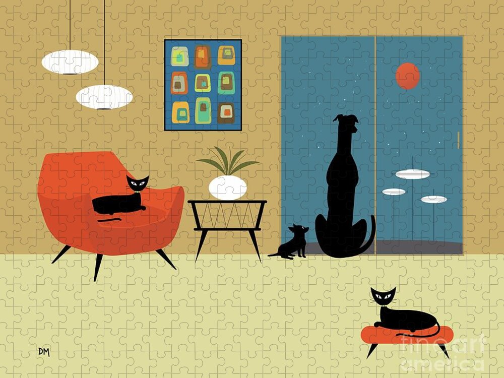 Mid Century Cat Jigsaw Puzzle featuring the digital art Mid Century Cats and Dogs by Donna Mibus