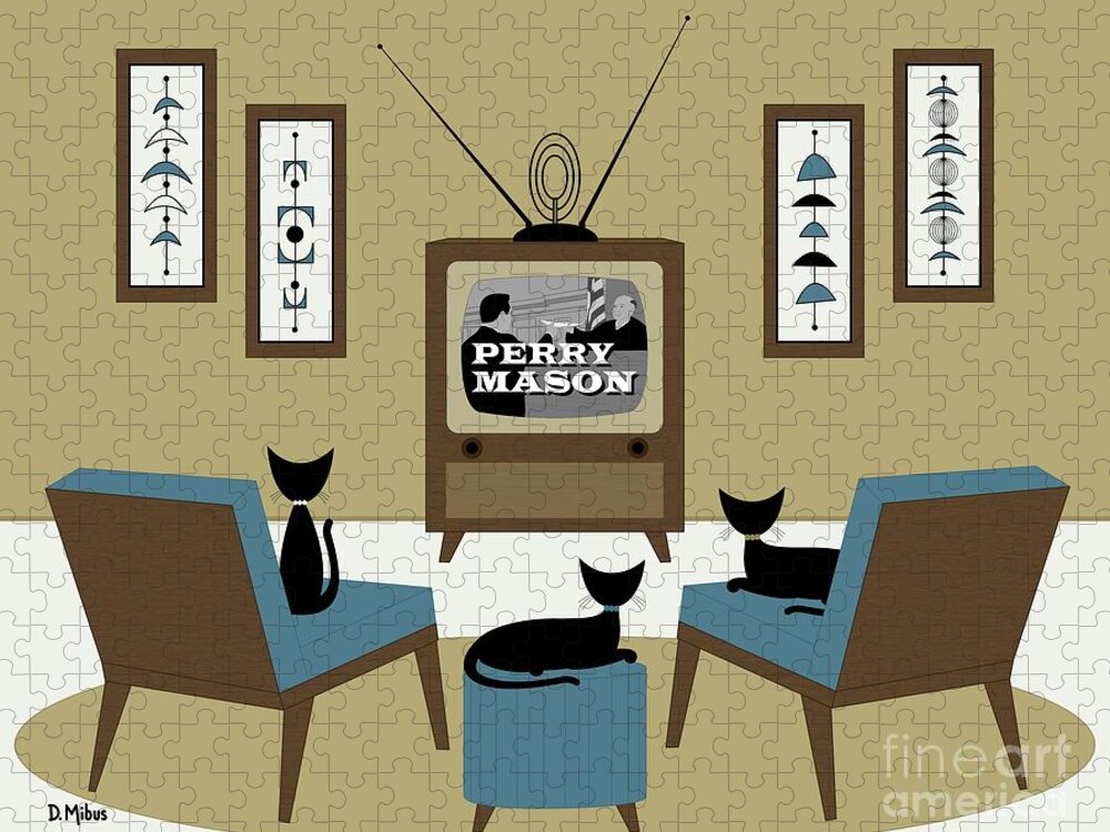 Mid Century Cat Jigsaw Puzzle featuring the digital art Mid Century Cats Watch Perry Mason Beige by Donna Mibus