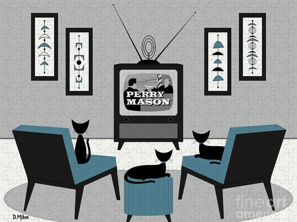 Mid Century Cat Jigsaw Puzzle featuring the digital art Mid Century Cats Watch Perry Mason by Donna Mibus