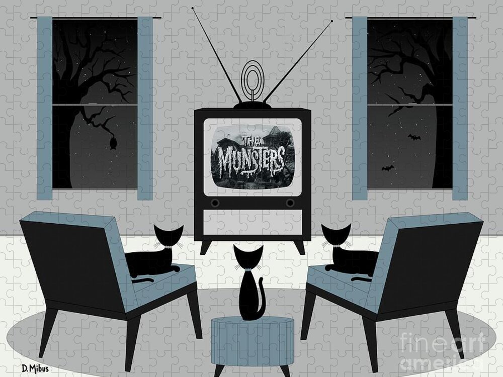 Cats Watch Tv Jigsaw Puzzle featuring the digital art Mid Century Cats Watch the Munsters by Donna Mibus