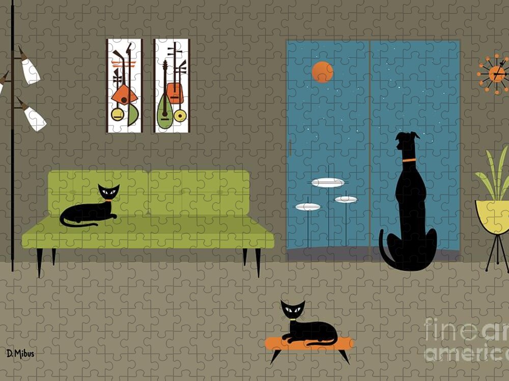 Mid Century Modern Jigsaw Puzzle featuring the digital art Mid Century Dog Spies Space Pods by Donna Mibus