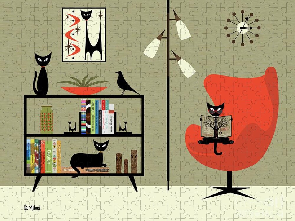 Mid Century Modern Jigsaw Puzzle featuring the digital art Mid Century Modern Cat Reading by Donna Mibus