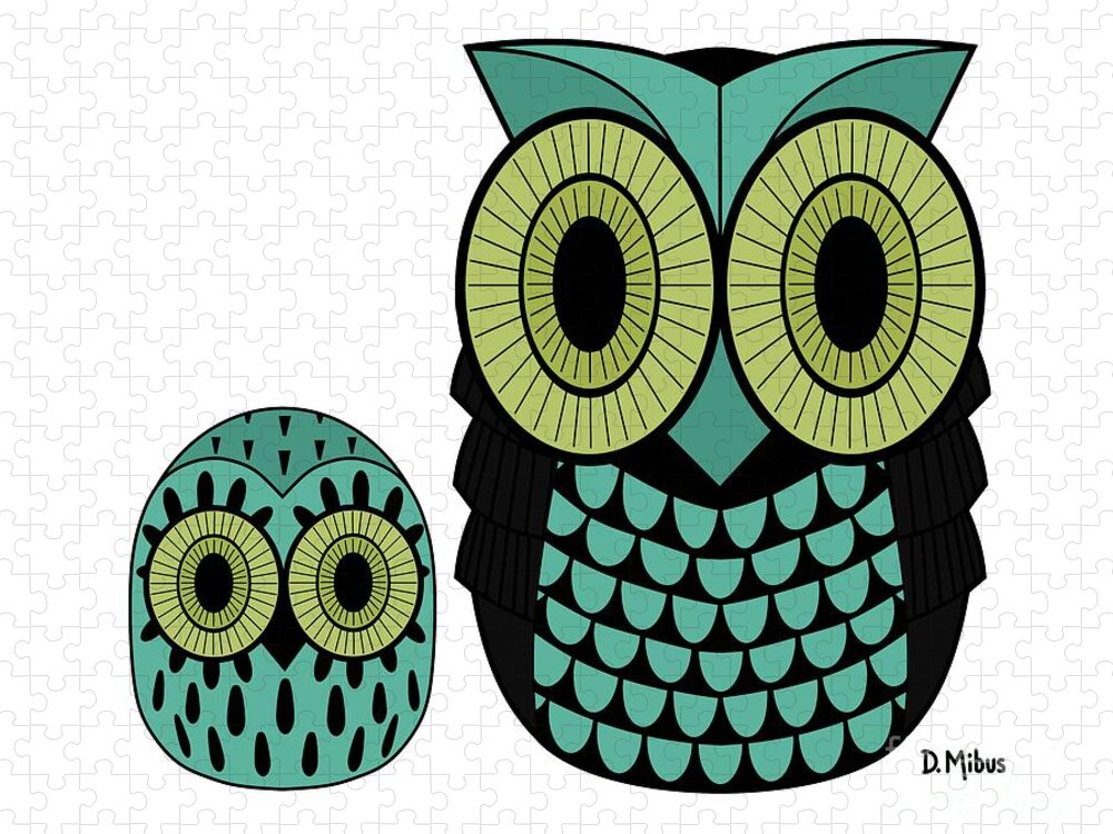 Owl Jigsaw Puzzle featuring the digital art Mid Century Owls in Teal by Donna Mibus