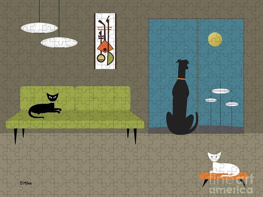 Mid Century Modern Jigsaw Puzzle featuring the digital art Mid Century Room with Dog and Cats by Donna Mibus