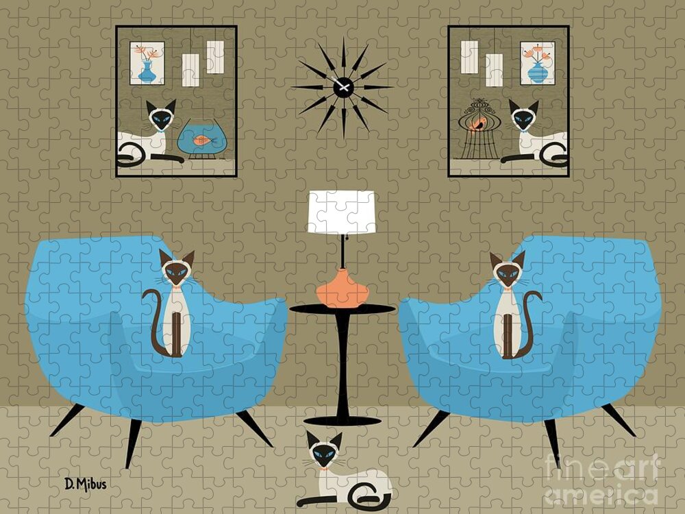 Siamese Cat Jigsaw Puzzle featuring the digital art Mid Century Room with Siamese Cats by Donna Mibus