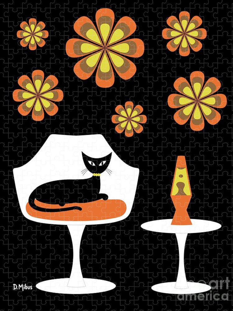 Mid Century Cat Jigsaw Puzzle featuring the digital art Mid Century Tulip Chair with Orange Mod Flowers by Donna Mibus
