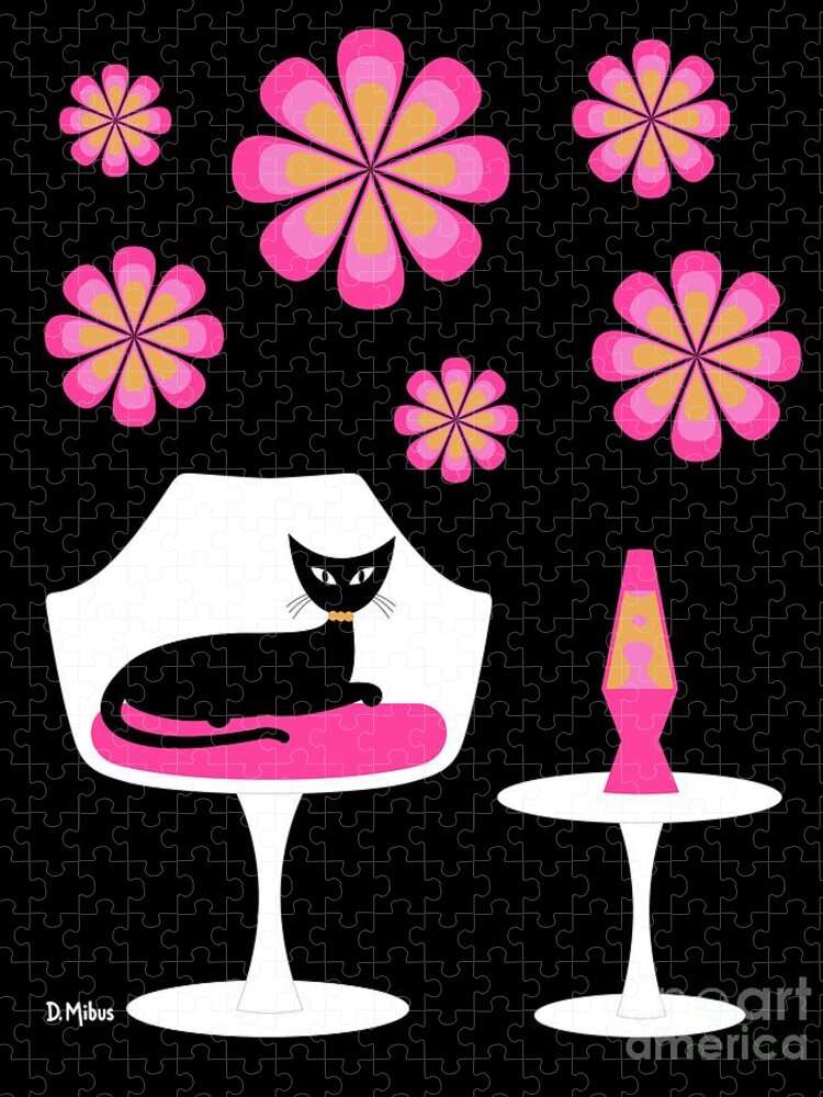 Mid Century Cat Jigsaw Puzzle featuring the digital art Mid Century Tulip Chair with Pink Mod Flowers by Donna Mibus