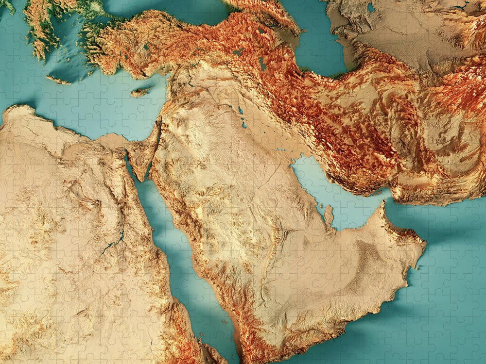 Middle East Jigsaw Puzzle featuring the digital art Middle East 3D Render Topographic Map Color by Frank Ramspott