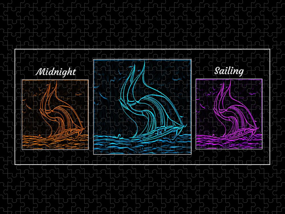 Cool Art Jigsaw Puzzle featuring the digital art Midnight Sailing Triptych by Ronald Mills