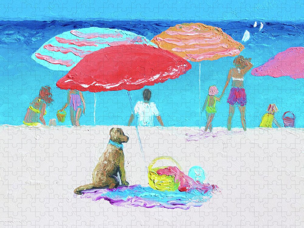 Beach Jigsaw Puzzle featuring the painting Minding the picnic under a Red Umbrella, beach scene by Jan Matson