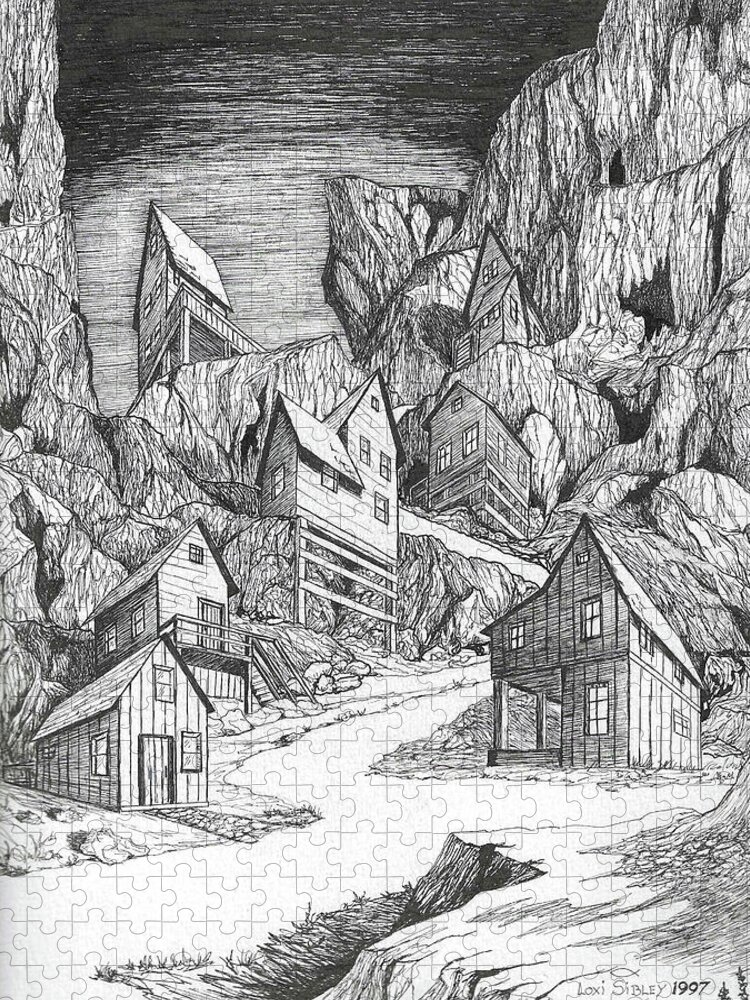 Old Jigsaw Puzzle featuring the drawing Miner's Village by Loxi Sibley