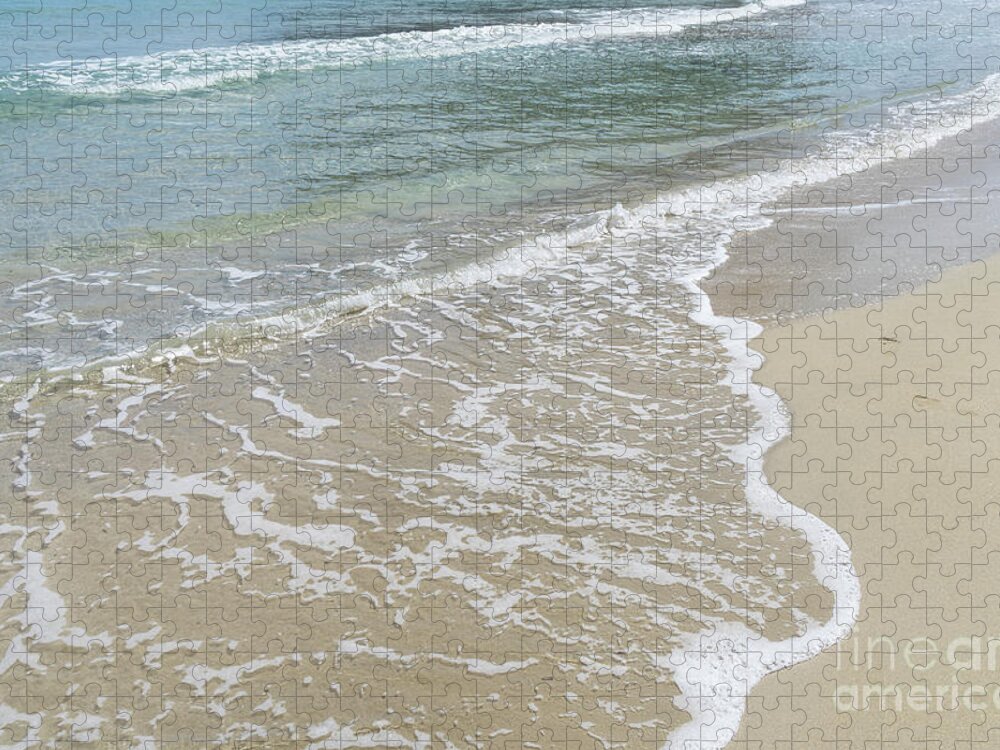 Minimalist Jigsaw Puzzle featuring the photograph Clear sea water meets fine sand. Minimalist beach scene by Adriana Mueller