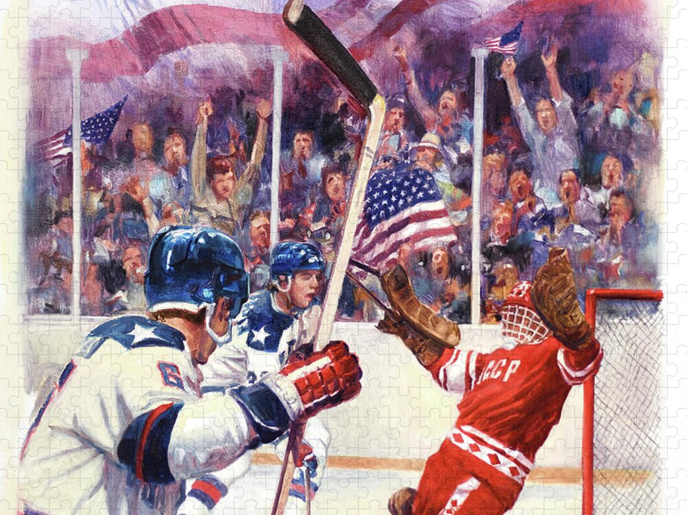 Dennis Lyall Jigsaw Puzzle featuring the painting Miracle On Ice - USA Olympic Hockey Wins Over USSR by Dennis Lyall