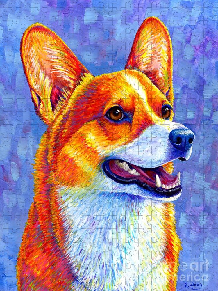 Corgi Jigsaw Puzzle featuring the painting Mischief Maker - Colorful Pembroke Welsh Corgi Dog by Rebecca Wang