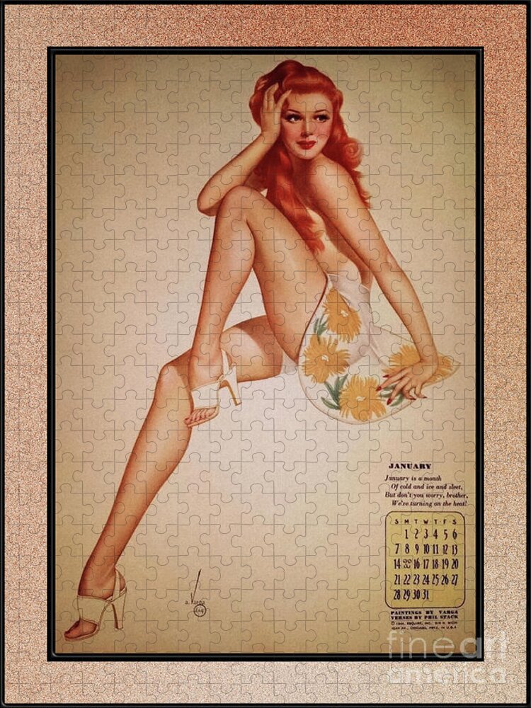 Miss January Jigsaw Puzzle featuring the painting Miss January Varga Girl 1944 Pin-up Calendar by Alberto Vargas Vintage Pin-Up Girl Art by Rolando Burbon