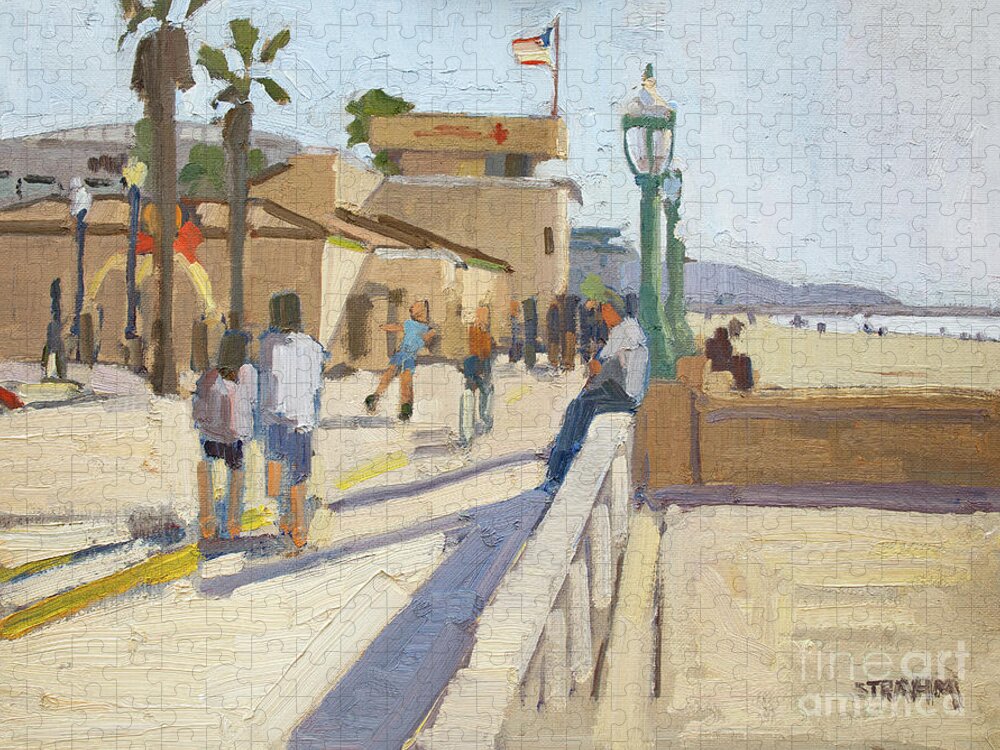 Mission Beach Jigsaw Puzzle featuring the painting Mission Beach Lifeguard Tower - San Diego, California by Paul Strahm