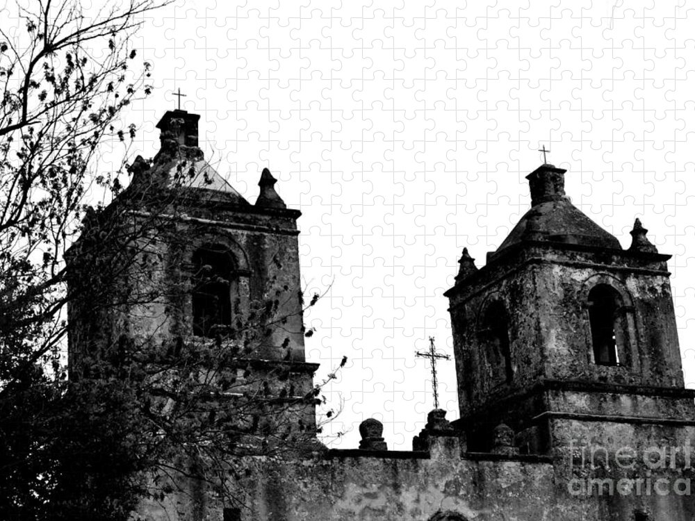 Historical Photograph Jigsaw Puzzle featuring the photograph Mission Concepcion Towers in Black and White by Expressions By Stephanie
