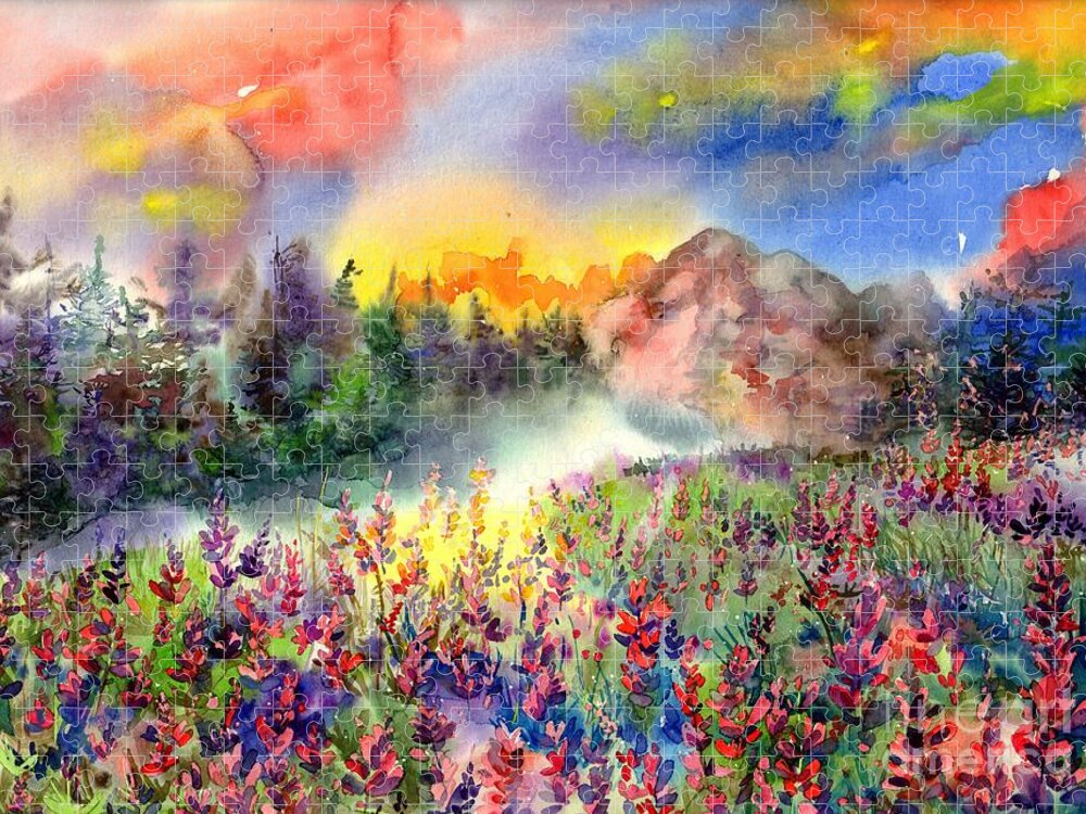 Mist Jigsaw Puzzle featuring the painting Misty Lavender Hills by Suzann Sines