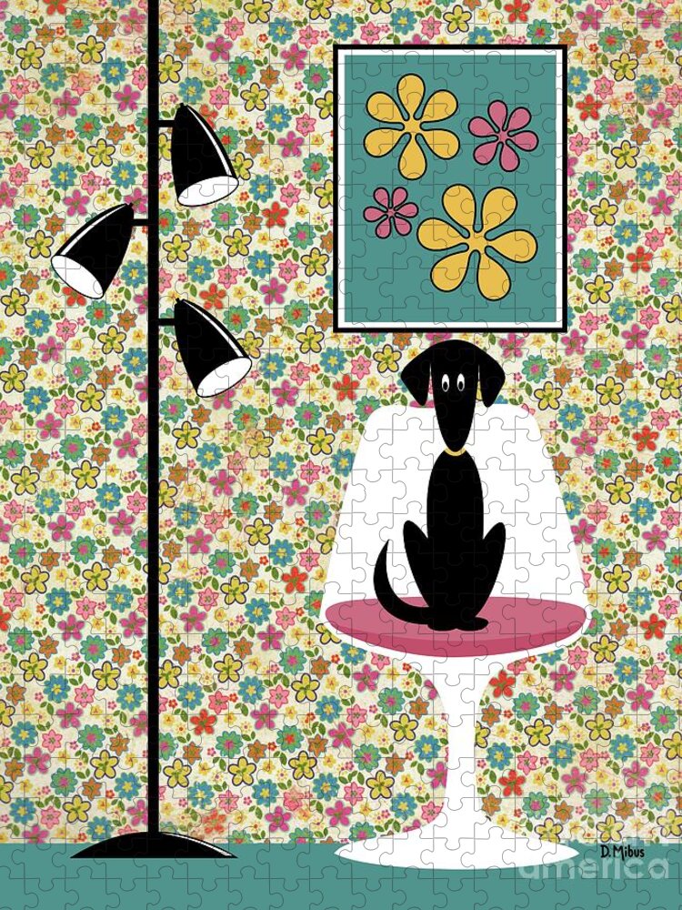 Mid Century Modern Jigsaw Puzzle featuring the digital art Mod Floral Wallpaper with Dog by Donna Mibus
