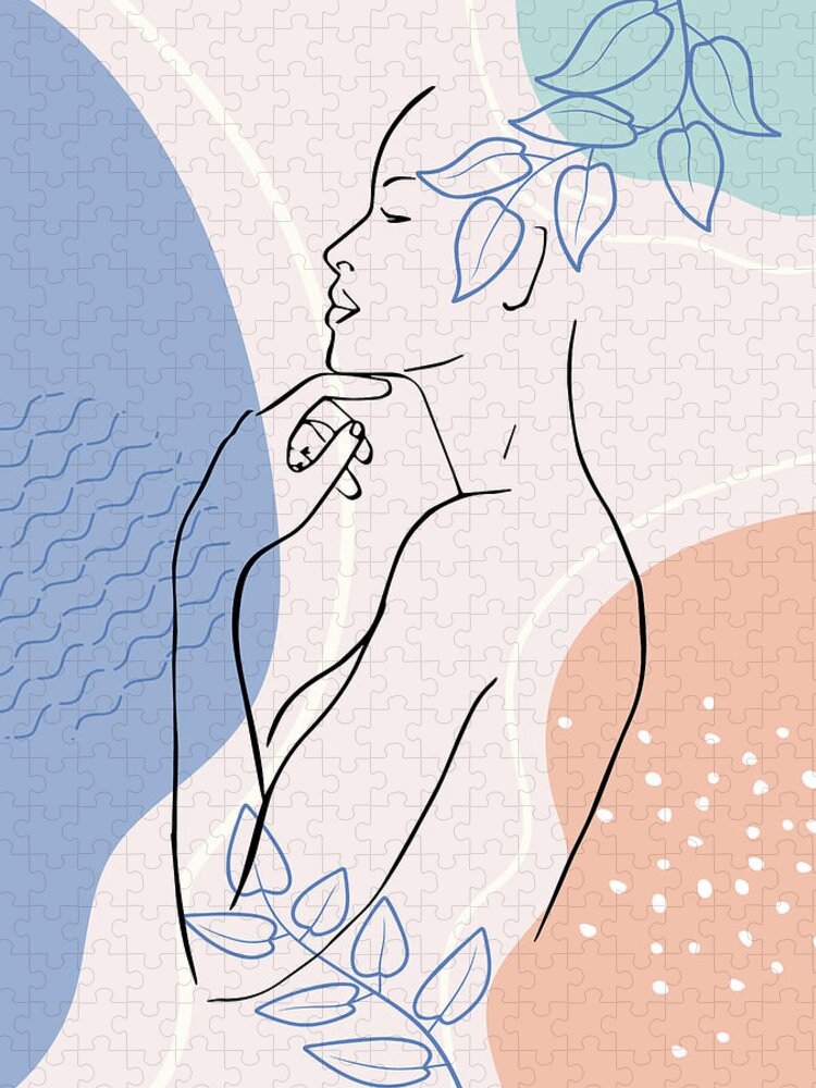 Watercolor Jigsaw Puzzle featuring the drawing Modern abstract woman gesture line drawing art print, minimalist decor wall print of woman's body by Mounir Khalfouf