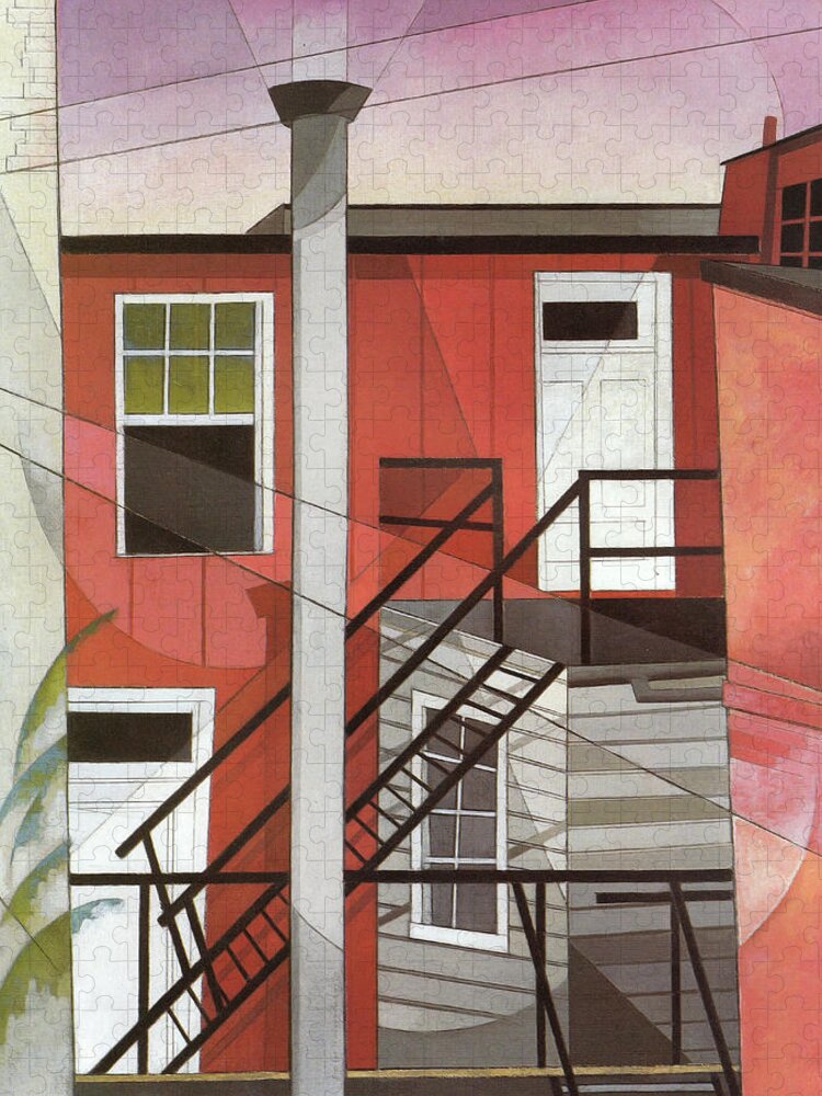 Red Facade Building Jigsaw Puzzle featuring the painting Modern conveniences - outer staircase and red facade by Charles Demuth