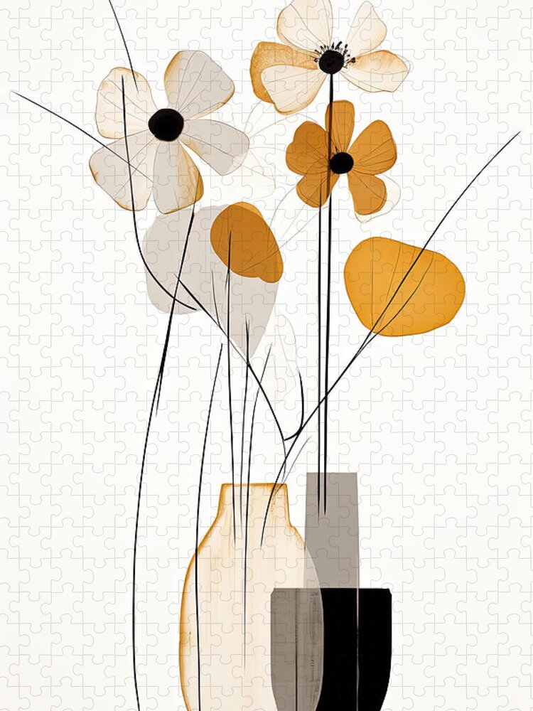 Black And Gold Flower Still Life Jigsaw Puzzle featuring the painting Modern Minimalist Geometric Art by Lourry Legarde