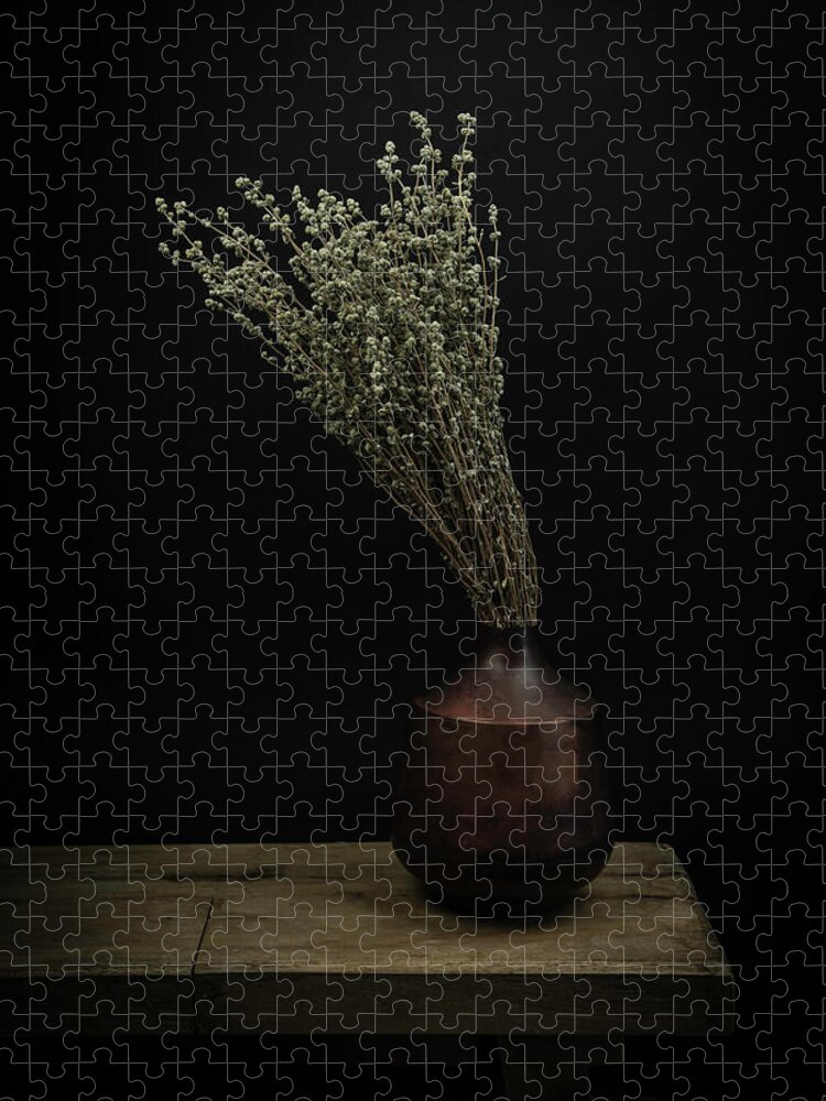 Modern Still Life Jigsaw Puzzle featuring the digital art Modern still life dried flowers in a vase by Marjolein Van Middelkoop