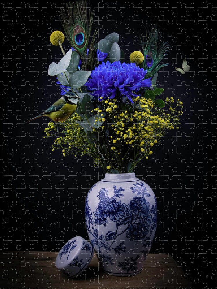 Still Life Jigsaw Puzzle featuring the digital art Modern still life Royal Dutch blue and Yellow by Marjolein Van Middelkoop